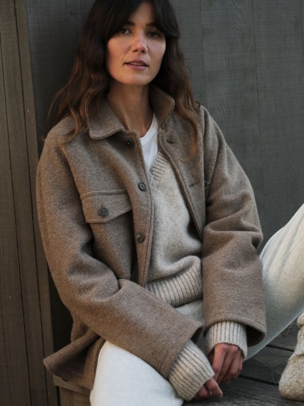 Buck Mason Marled Deep Khaki Felted Wool oversized Field Shirt